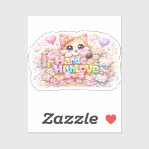 Pegatina Cute Kawaii Hecho Con Amor Gato Nombre Pastel Rosa