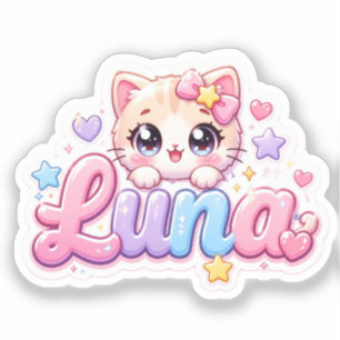 Pegatina Cute Kawaii Luna Nombre de gato rosa pastel brilla