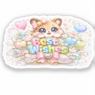 Pegatina Cute Kawaii Mejores Deseos Gato Floral Rosa Pastel