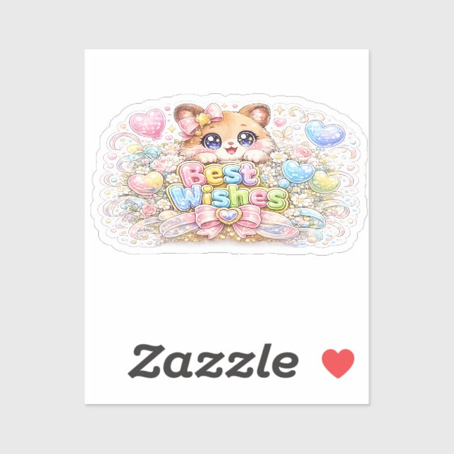 Pegatina Cute Kawaii Mejores Deseos Gato Pastel Rosa Floral (Hoja)