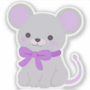 Pegatina Cute Kawaii Ratón Gris Sentado con Lazo Morado Vin