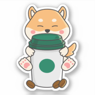 Pegatina Cute kawaii shiba inu abrazando un café caliente