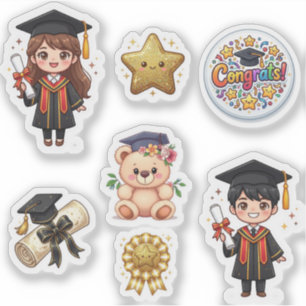 Pegatina Cute Kawaii Sticker de graduación Chibi niño y niñ