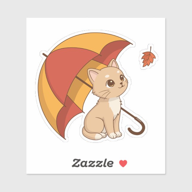 Pegatina Cute Kitten Cat Red Yellow Umbrella Fall (Hoja)
