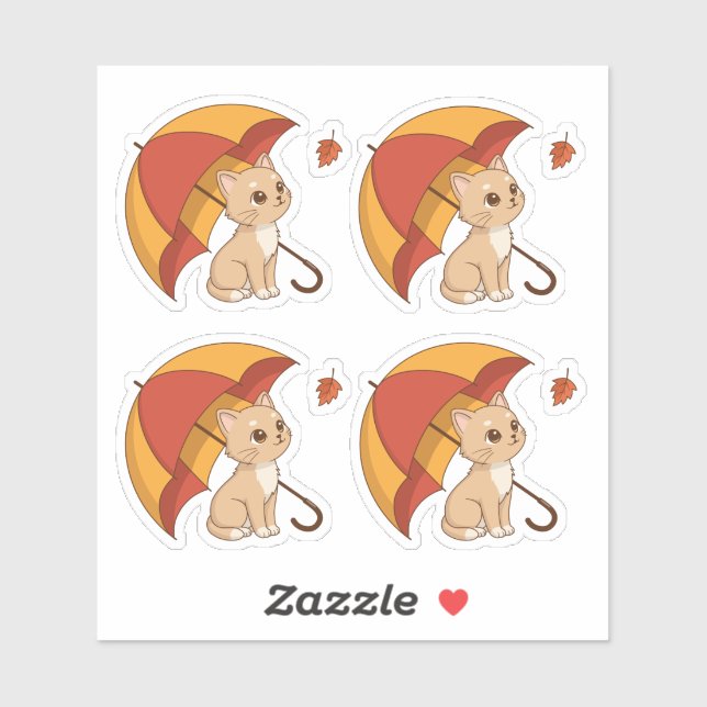 Pegatina Cute Kitten Cat Red Yellow Umbrella Fall Set of 4 (Hoja)