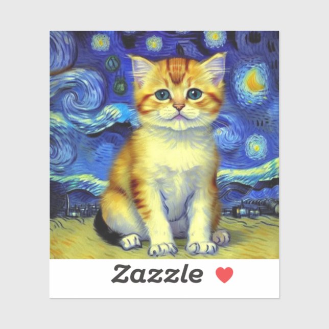 Pegatina Cute Kitten Starry Night Van Gogh (Hoja)