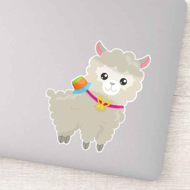 Pegatina Cute Llama, Alpaca, Pequeña Llama, Llama Con Gorra (Detalle)