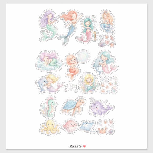 Pegatina Cute Mermaid & Ocean Animals Sticker Set – Pastel  (Hoja)