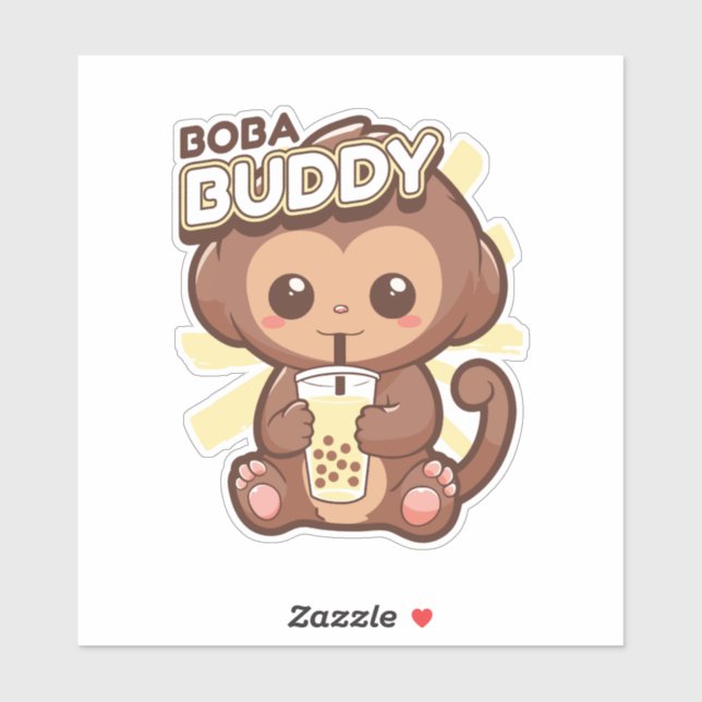 PEGATINA CUTE MONKEY BEBER BOBA TEA (Hoja)