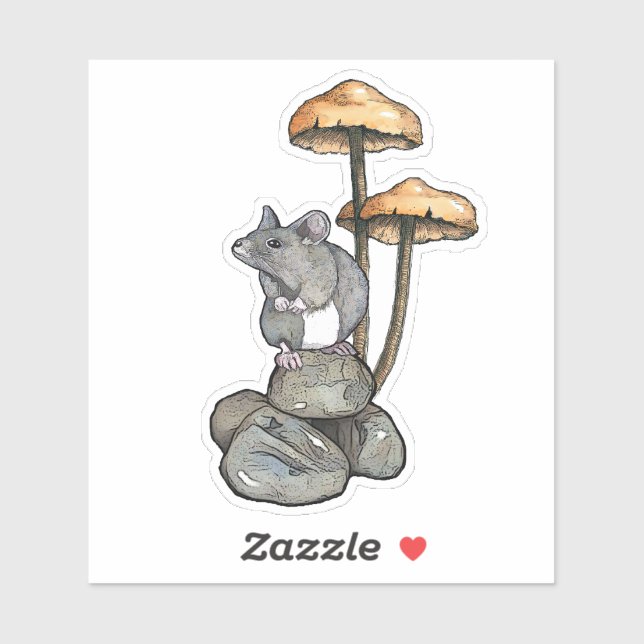 Pegatina Cute Mouse Standing on Rocks, with Mushrooms (Hoja)