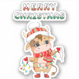 Pegatina Cute Navidades Vaca con traje de invierno