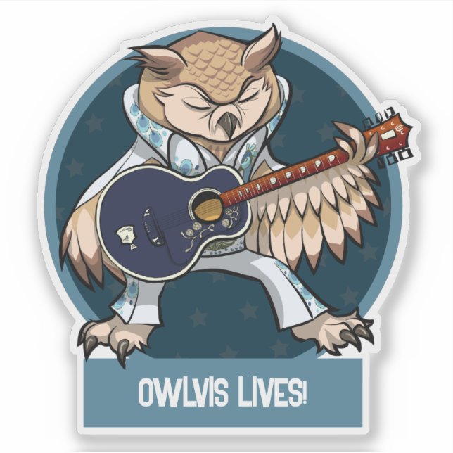 Pegatina Cute Owl Owlvis Lives! Singer With Guitar Cartoon (Anverso)