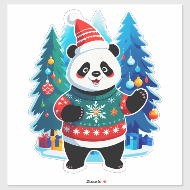 Pegatina Cute Panda con sombrero de Santa y suéter de Navid (Hoja)