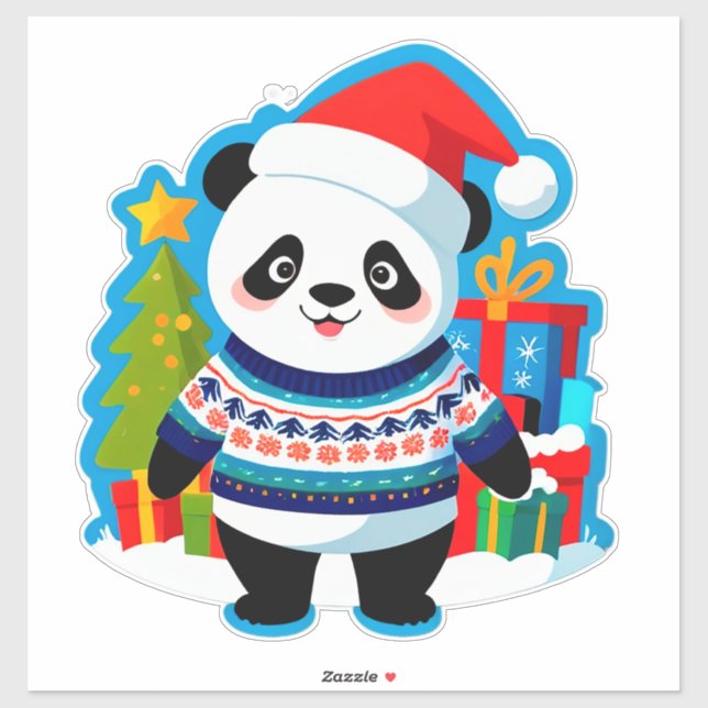 Pegatina Cute Panda con sombrero de Santa y suéter de Navid (Hoja)