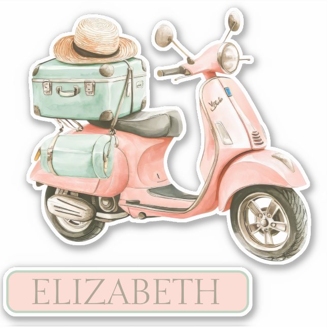 Pegatina Cute Pink and Aqua Coastal Scooter (Anverso)