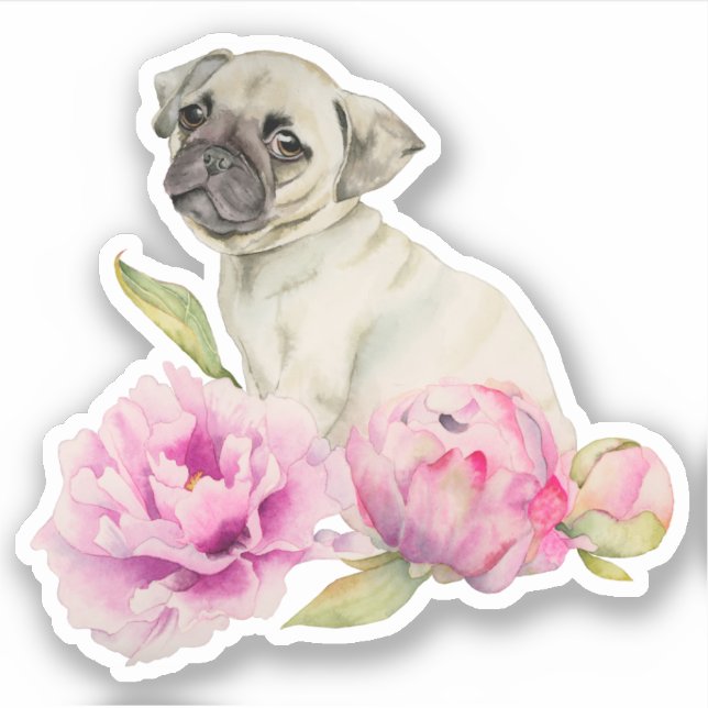 Pegatina Cute Pug Cuppy Perro Floral Rosa (Anverso)
