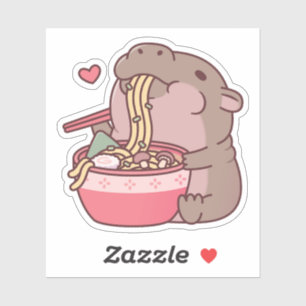 Pegatina Cute Pygmy Hippo Slurping On Ramen Noodles