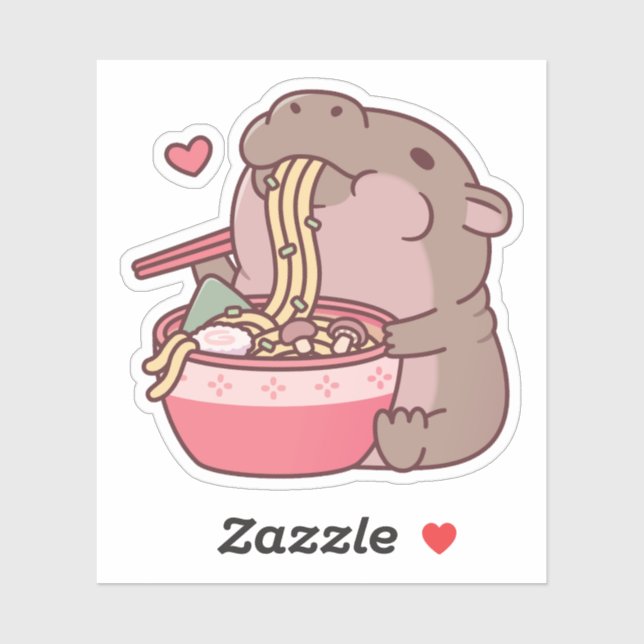 Pegatina Cute Pygmy Hippo Slurping On Ramen Noodles (Hoja)