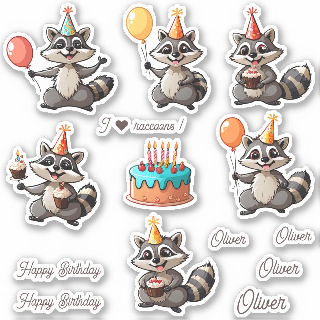 Pegatina Cute Raccoons Feliz cumpleaños personalizado (Anverso)