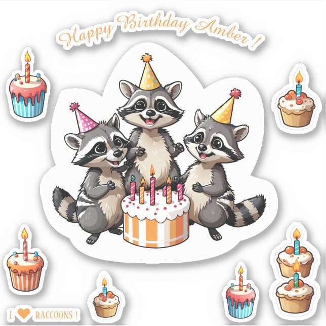 Pegatina Cute Raccoons Feliz cumpleaños personalizado (Anverso)