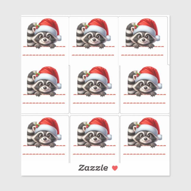 Pegatina Cute Racoon in Santa Hat Christmas Labels (Hoja)