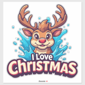 Pegatina Cute Reindeer Mascot With 'I Love Christmas' Text