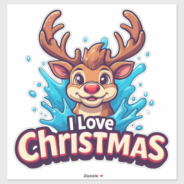 Pegatina Cute Reindeer Mascot With 'I Love Christmas' Text (Hoja)