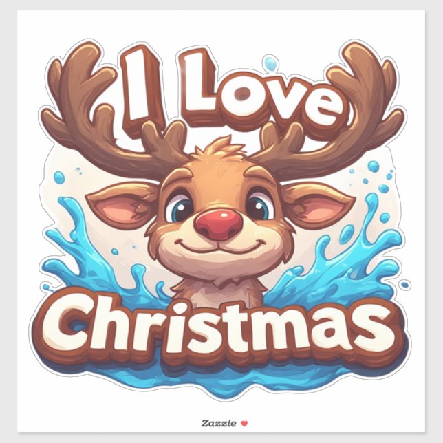 Pegatina Cute Reindeer Mascot With 'I Love Christmas' Text (Hoja)