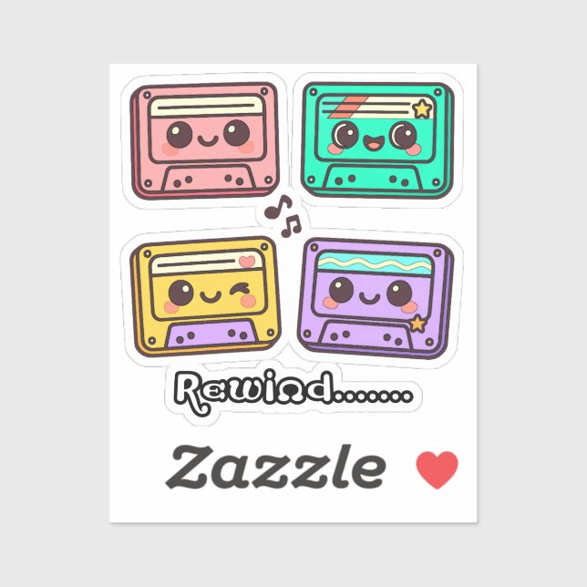Pegatina Cute Retro Cassette Tape "Rewind" Kawaii Design (Hoja)