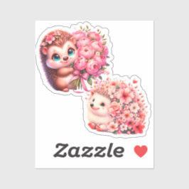 Pegatina Cute Romantic Floral Hedgehog Duo Illustration