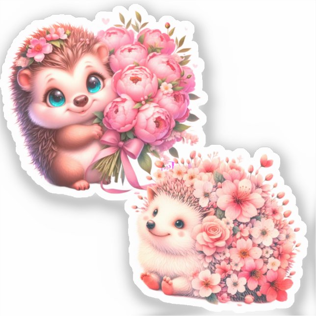 Pegatina  Cute Romantic Floral Hedgehog Duo Illustration (Anverso)