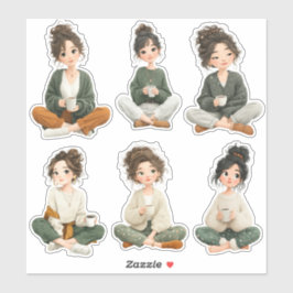 Pegatina Cute Sitting Chibi Girl Coffee Stickers
