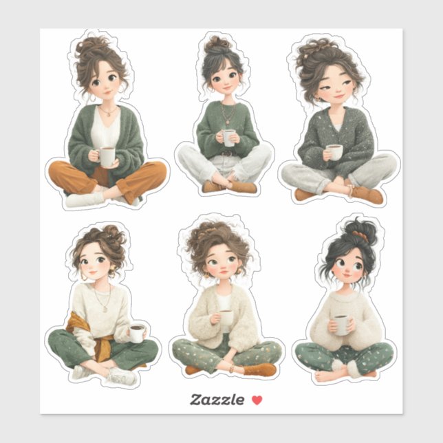 Pegatina Cute Sitting Chibi Girl Coffee Stickers (Hoja)
