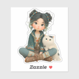 Pegatina Cute Sitting Girl with Cat – Cozy Character Sticke
