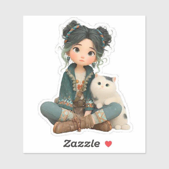 Pegatina Cute Sitting Girl with Cat – Cozy Character Sticke (Hoja)