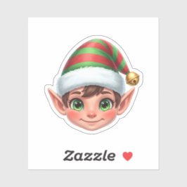 Pegatina Cute Smiling Christmas Elf Face with Red Green Hat