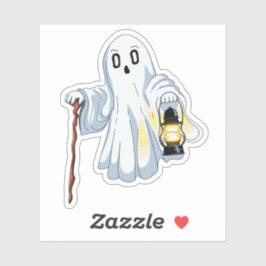 Pegatina Cute Spooky Ghost with Lantern and Wooden Cane 