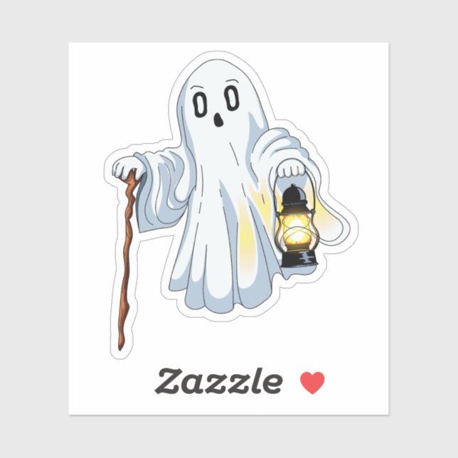 Pegatina Cute Spooky Ghost with Lantern and Wooden Cane  (Hoja)