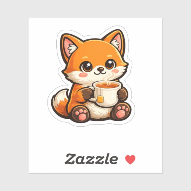 Pegatina Cute Tea Fox Illustration – Cozy Fox Drinking Tea (Hoja)