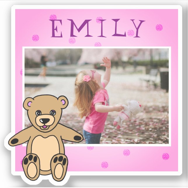Pegatina Cute Teddy Bear Nombre Rosa Foto Girly (Anverso)