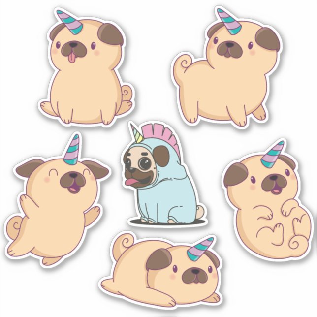 Pegatina Cute Unicorn Pugs (Anverso)