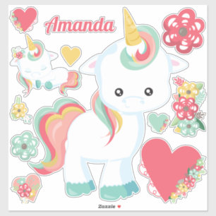 Pegatina Cute Unicornio Femenino Corazones Floral