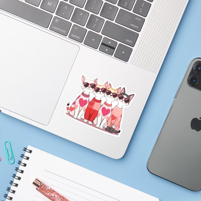 Pegatina Cute Valentine Cat Gang – Heart & Sunglasses Stick (Ordenado portátil con iPhone)