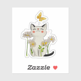 Pegatina Cute Watercolor Cat with Daisies and Butterfly