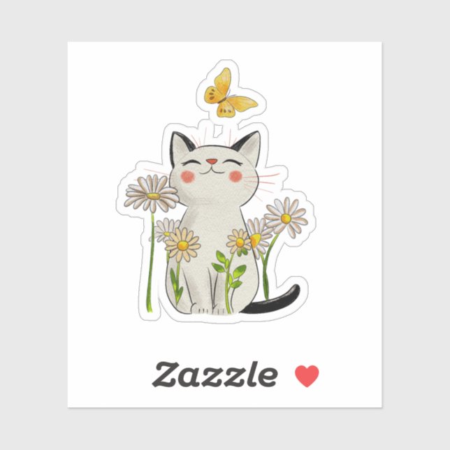 Pegatina Cute Watercolor Cat with Daisies and Butterfly (Hoja)