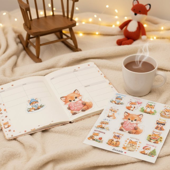 Pegatina Cute Watercolor Chibi Red Fox Monthly Milestone  (Monthly Milestone red Fox Stickers )
