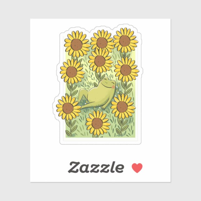 Pegatina Cute Whimsical Frog And Sunflowers Illustration (Hoja)