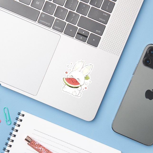Pegatina Cute White Bunny Eating Watermelon Sticker (Ordenado portátil con iPhone)