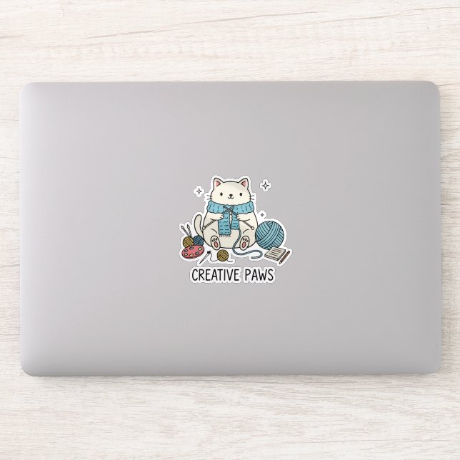 Pegatina Cute White Cat Knitting Scarf Blue Yarn Graphic  (Ordenador)