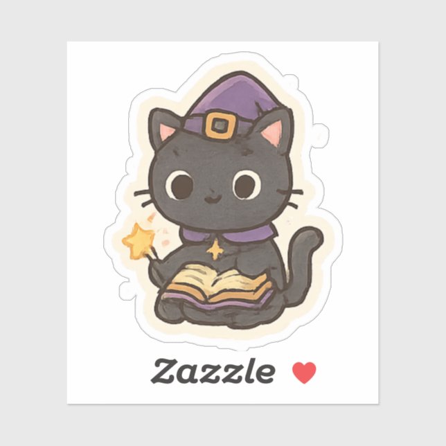 Pegatina Cute Witch Cat Reading a Book – Kawaii Halloween (Hoja)